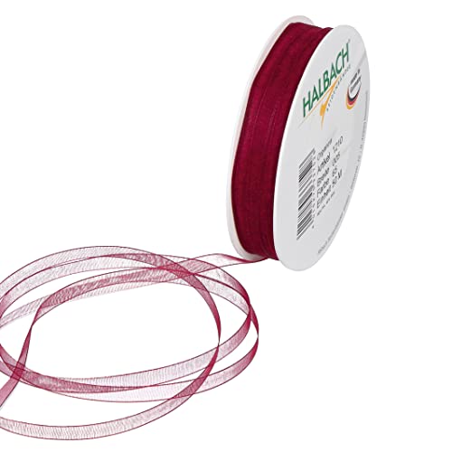 Halbach Seidenbänder Premium Organzaband Breite 5mm Länge 50 m Bastelband zum Verzieren von Geschenken, transparentes Band, Dekoband zum basteln, Farbe: wine red von Halbach Seidenbänder