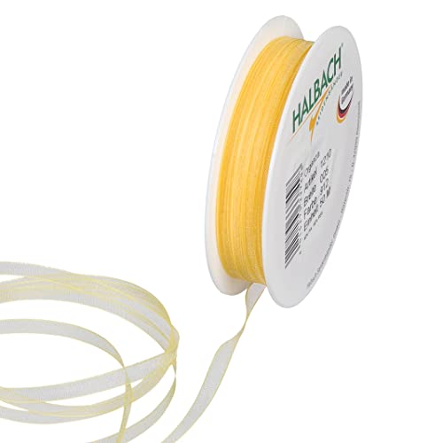 Halbach Seidenbänder Premium Organzaband Breite 5mm Länge 50 m Bastelband zum Verzieren von Geschenken, transparentes Band, Dekoband zum basteln, Farbe: yellow von Halbach Seidenbänder