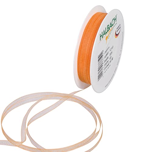 Halbach Seidenbänder Premium Organzaband Breite 5mm Länge 50 m Bastelband zum Verzieren von Geschenken, transparentes Band, Dekoband zum basteln, Farbe: orange von Halbach Seidenbänder