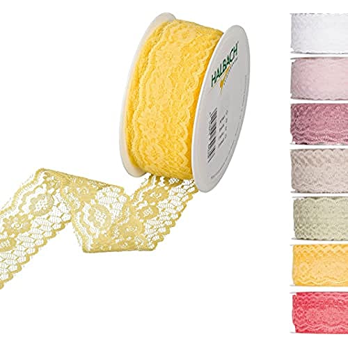 Halbach Seidenbänder Spitzenband Breite: 37 mm, Länge: 15 m, Spitze als Meterware auf Rolle für Hochzeiten zum Nähen oder Tischdekoration, Spitzenborte Spitzenstoff für DIY Handwerk, Farbe: lemon von Halbach Seidenbänder