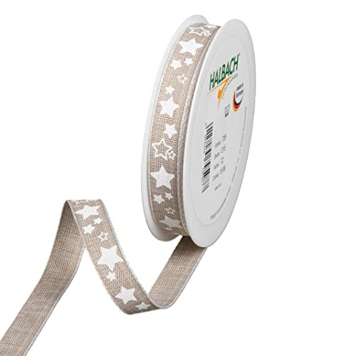 Halbach Seidenbänder Weihnachtsband 15 mm x 15 m Geschenkband für Weihnachten zum Einpacken von Geschenken, Schleifenband mit Sternen bedruckt und Leinenkanten, Farbe: linen/white, 709 von Halbach Seidenbänder