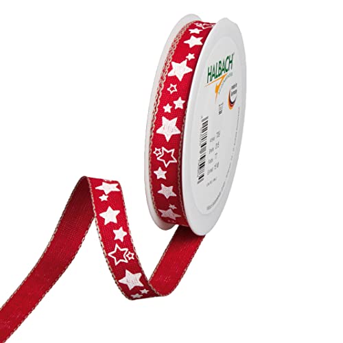 Halbach Seidenbänder Weihnachtsband 15 mm x 15 m Geschenkband für Weihnachten zum Einpacken von Geschenken, Schleifenband mit Sternen bedruckt und Leinenkanten, Farbe: red/white von Halbach Seidenbänder