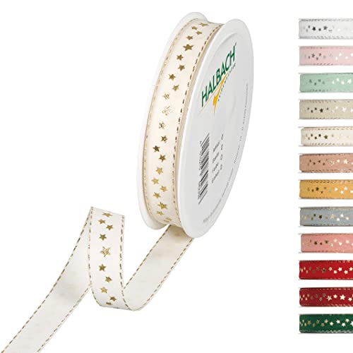 Halbach Seidenbänder Weihnachtsband 15 mm x 18 m Geschenkband für Weihnachten zum Einpacken von Geschenken, Schleifenband mit Sternen in Gold bedruckt und Lurexkanten, Farbe: Creme von Halbach Seidenbänder