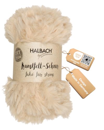 Halbach Seidenbänder flauschige Wolle zum stricken | 50g Knäul - Breite: 1cm | Kunstfellgarn zum basteln | Farbe: beige von Halbach Seidenbänder