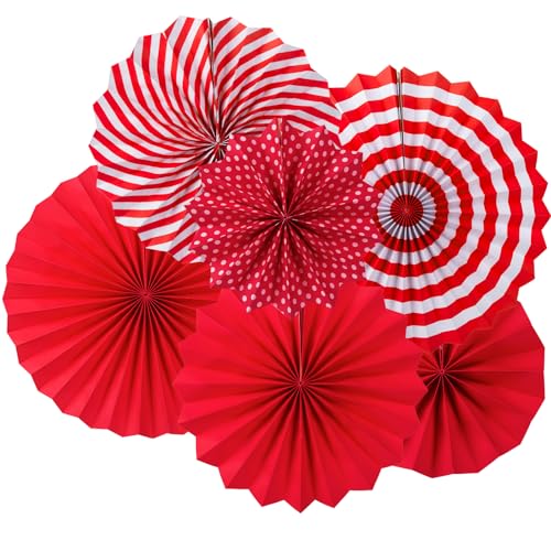 Halbur Papierfächer Party Deko Set, 6PCS Rot Gestreift Gepunktet Hängend Tissue Papier Fans Fächer Dekoration für Erntedankfestm, Silvester, Geburtstag, Weihnachten von Halbur