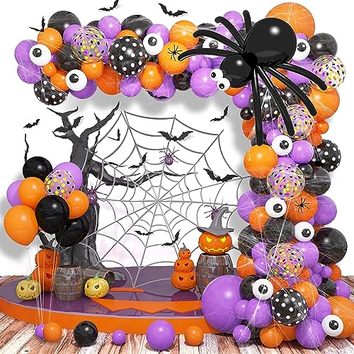 Halloween Luftballons Girlande,Halbur 153pcs Halloween Party Dekoration,Halloween Deko set Arch Garland Kit mit Orange Schwarz Fledermaus Konfetti Ballons,3D Spinne Augäpfel Spinnennetze Fledermäuse von Halbur