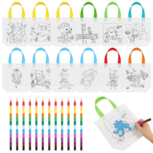 Halinuia 12 Stück Taschen zum Bemalen für Kinder, DIY Stoffbeutel zum Bemalen Kindergeburtstag Basteln Kinder Stoffbeutel Set mit 12 Farben Buntstifte für DIY Kindergeburtstag Gastgeschenke von Halinuia