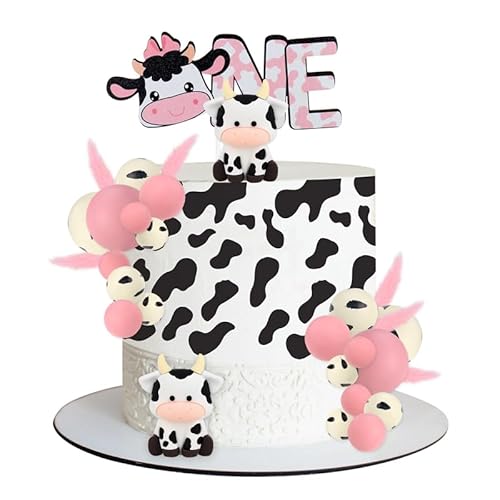 Halinuia 24 Stück Tortendeko Kuh Kugel mit Kühe Miniaturfiguren Cow One Cake Topper Geburtstag Cupcake Topper Kaninchenschwanzgras Kuchen Topper für Kuh Motto Geburtstag Babyparty Partyzubehör von Halinuia