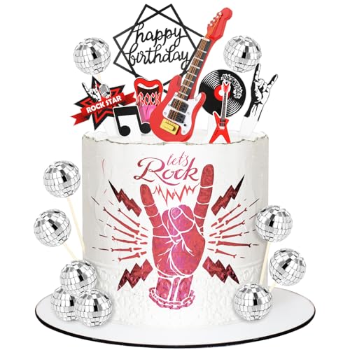 Halinuia 24 Stücke Tortendeko Discokugel Gitarre Kuchen Topper Disco Musik Note Kuchentopper Happy Birthday Cupcake Topper für 70er 80er Disco Musik Thema Geburtstag Kuchendeko von Halinuia