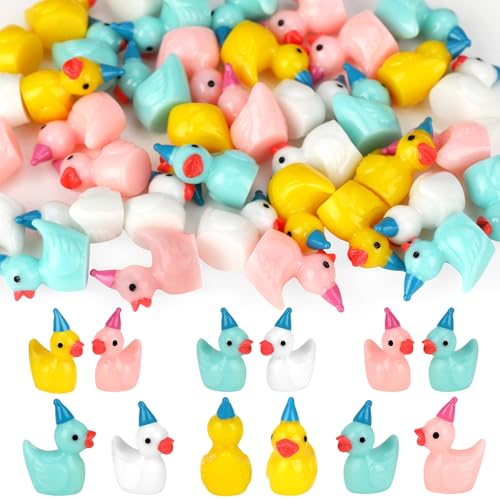 Halinuia Kleine Enten 100 Stück Mini Enten mit Geburtstagshut Mini Ducks Figuren Miniatur Enten für Geburtstags Kuchendeko Gastgeschenke Puppenhaus Mikrolandschaft von Halinuia