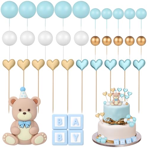 Halinuia Torten Topper Set für Jungentaufen - 3D Bär mit Baby Brief, Herz & Kugeln | Blaue Taufe-Dekoration für Kuchen & Tisch | Wiederverwendbare Deko für Jungen, Hochzeiten & Geburtstage (Blau) von Halinuia