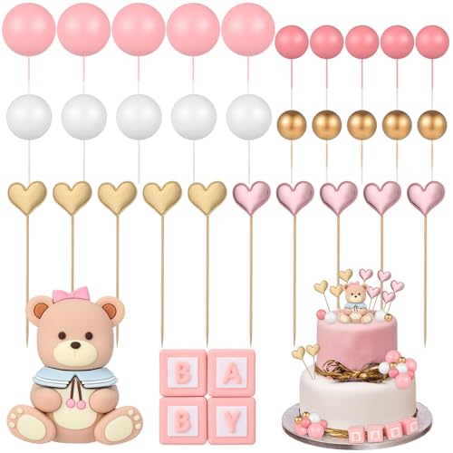 Halinuia Torten Topper Set für Taufen - 3D Bär mit Baby Brief, Herz & Kugeln | Taufe Dekoration für Kuchen & Tisch | Wiederverwendbare Deko für Geburtstag & Hochzeit (Rosa) von Halinuia