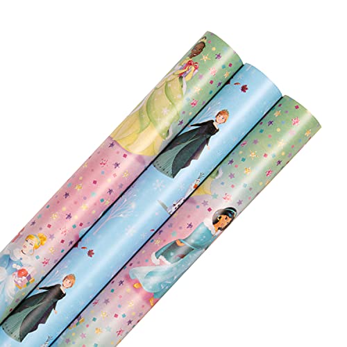 Hallmark Geschenkpapier für Weihnachten, 3 Stück, Disney Prinzessinnen, je 4 m, 2 Designs, Frozen, Elsa, Anna, Jasmin, Belle, Schneewittchen, Tiana & Rapunzel von Hallmark