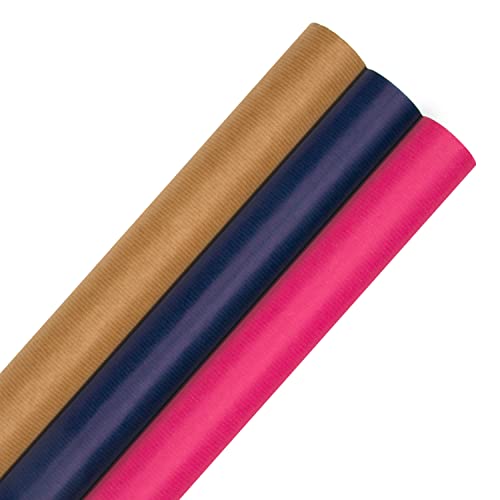 Hallmark 9M Kraft-Geschenkpapier für verschiedene Anlässe, 3 Rollen in 3 kräftigen Farben, Braun, Marineblau, Rosa, 9 m von Hallmark