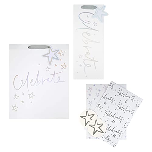 Hallmark Celebration Geschenktüte und Geschenkpapier-Set – 1 große Geschenktüte, 1 Flaschentasche und 2 Papierbögen in 1 hellem Design von Hallmark