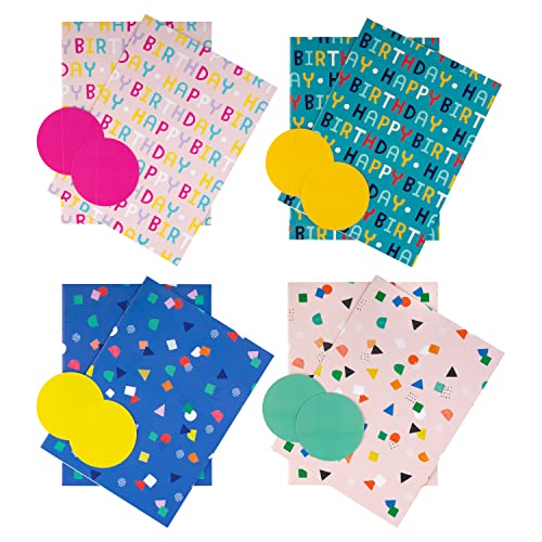 Hallmark Geburtstags-Geschenkpapier und Geschenkanhänger, 8 Bögen und 8 Anhänger in 4 Designs von Hallmark