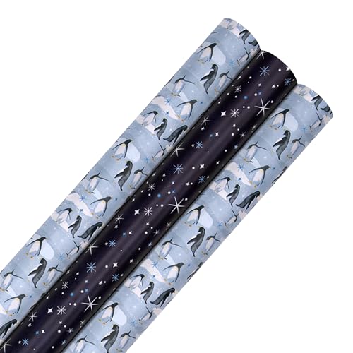 Hallmark Geschenkpapier Roll Wrap, 3 Stück, Arctic Wonder, Pinguine, Sternenhimmel, Sterne, Weihnachten, je 3M von Hallmark