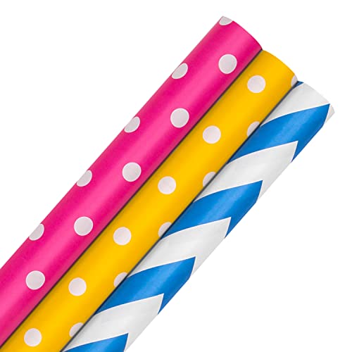 Hallmark Geschenkpapier Roll Wrap, 3 Stück, 3 Farben, Rosa, Gelb, Blau, Polka Dot und Zickzack, je 2 m von Hallmark