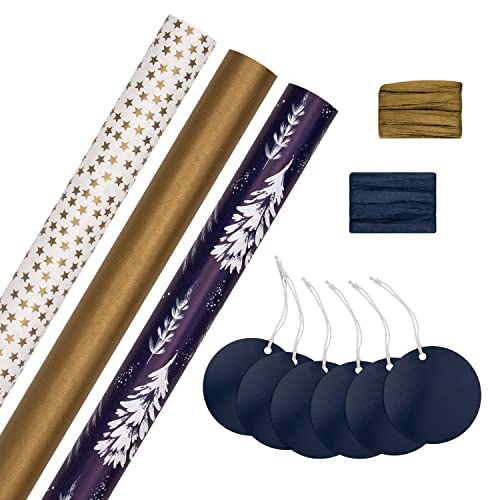 Hallmark Kompendium für Weihnachtsgeschenke, Blau und Gold, 3 Rollen Papier in Designs mit 6 passenden Etiketten, 2 Bastband, marineblaues Kompendium von Hallmark