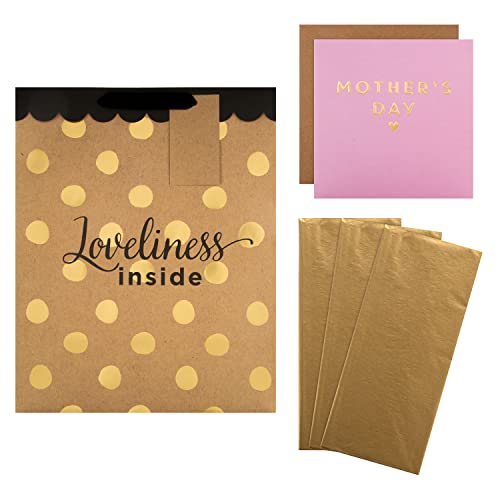 Hallmark Muttertags-Geschenkpapier und Kartenpaket – 1 Muttertagskarte, 3 goldene Seidenpapierbögen und 1 große Geschenktüte in modernen Gold-Designs, Rosa & Gold von Hallmark