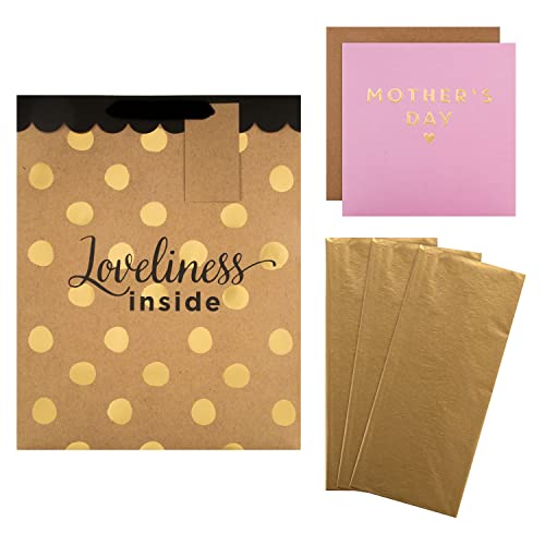 Hallmark Geschenkpapier und Kartenpaket zum Muttertag – 1 Muttertagskarte, 3 goldene Seidenpapierbögen und 1 große Geschenktüte in modernen Gold-Designs, Rosa und Gold von Hallmark