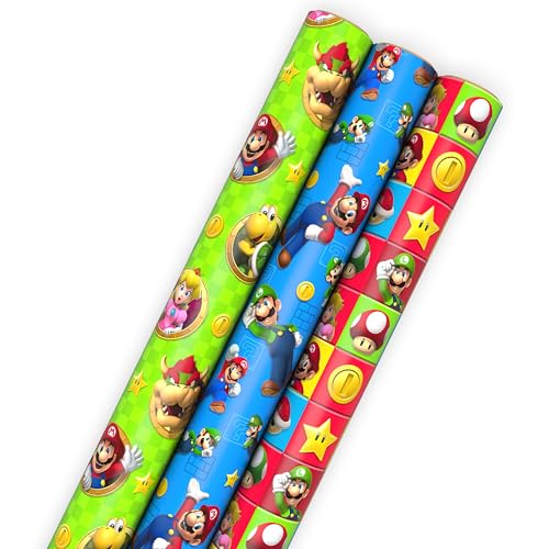 Hallmark Nintendo Super Mario Geburtstags-Geschenkpapierrollen für Kindergeburtstage, Weihnachten, jeden Anlass (Set mit 3 Rollen: 60 m² insgesamt) Mario, Luigi, Yoshi, Bowser, Princess Peach, Toad von Hallmark