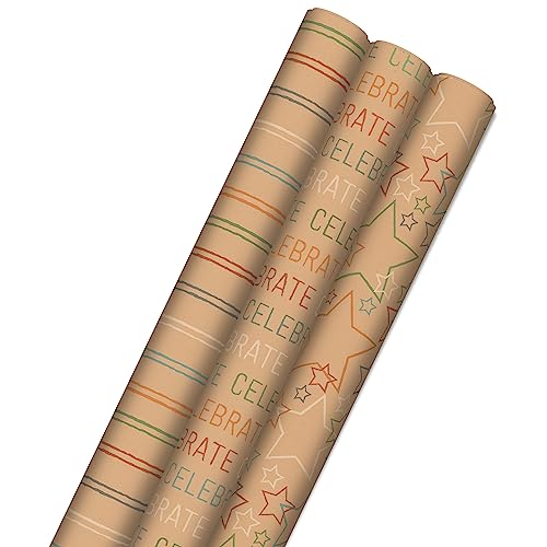 Hallmark Recyclable Wrapping Paper with Cutlines on Reverse (3 Rolls: 60 sq. ft. ttl) Rainbow Stripes, Celebrate, Stars on Kraft Brown for Birthdays, Graduations, Kids Parties von Hallmark