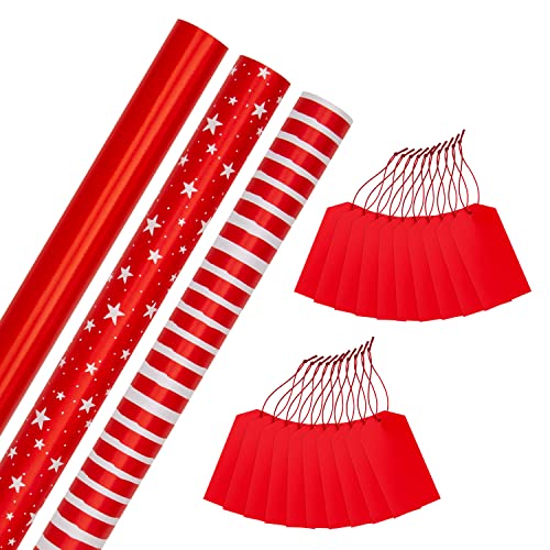 Hallmark Weihnachts-Geschenkpapier und Geschenkanhänger, Rot, 3 Rollen Papier in 3 Designs mit 2 Packungen mit 10 einfarbigen roten Geschenkanhängern von Hallmark