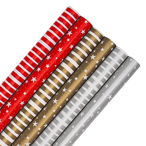 Hallmark Geschenkpapier Weihnachten 6 Stück Geschenkpapier je 3M 2 Festliche Motive Sterne Streifen Rot Gold Silber von Hallmark