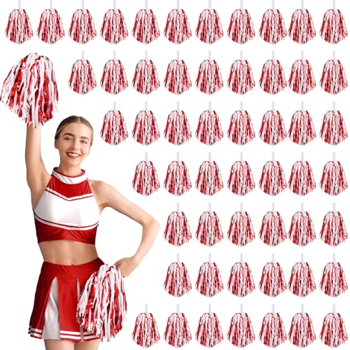 Halloscume 60 Stück Pompons Cheerleading Metallfolie Pom Poms mit Taktstock Griff Kunststoff Cheer Squad Pompons für Spiel Team Spirit Sport Tanzen Basketball Club (Rot, Weiß) von Halloscume