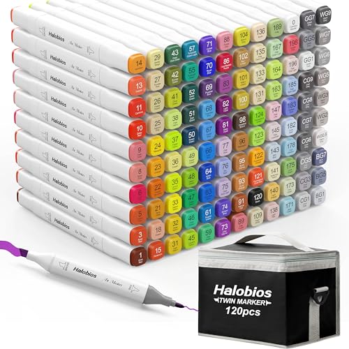 Halobios Alkoholmarker Set 120 Farben, Twin Tip Marker mit Schnell Trocknender, Lebendige Alkohol Tinte, Inkl. Tragetasche | Für Zeichnen, Manga, Design, Malerei – Künstler marker für Erwachsene von Halobios