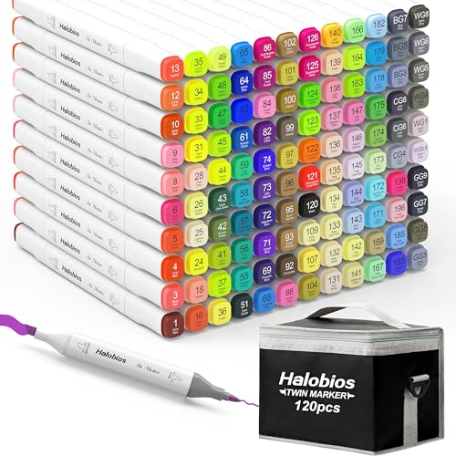 Halobios 120 Farben Marker Set, Permanente Alkoholmarker, Dual Tip Fein & Chisel Stift für Zeichnungen, Malbücher, Kunstmarker Set für Erwachsene, Kinder, Schüler und Künstler mit Tragetasche von Halobios