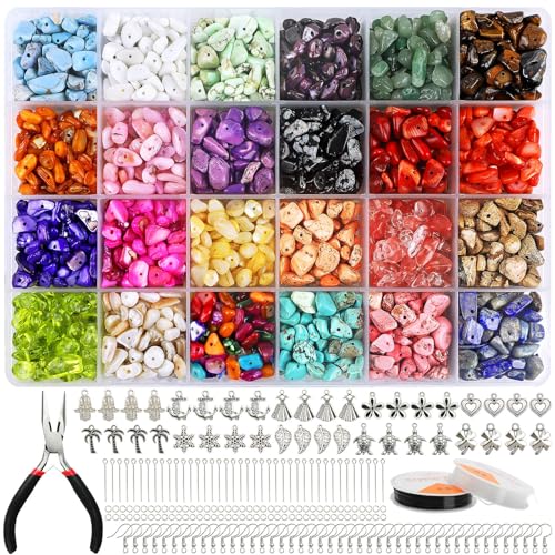 Halobios 1500+Pcs Schmuck Selber Machen Set, 24 Farben Natürlicher Edelsteine Set, Unregelmäßige Kristallperlen für Armband Halskette Ohrring Ring Herstellung, Geschenk für Mädchen von Halobios