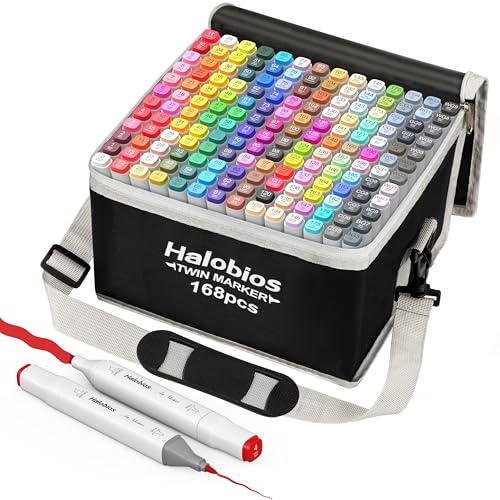 Halobios 168 Farben Marker Set, Permanente Alkoholmarker, Dual-Tip Fein & Chisel Stift für Zeichnungen, Skizzieren und Ausmalen, Kunstmarker für Erwachsene und Künstler, Speicherpaket mit Schultergurt von Halobios