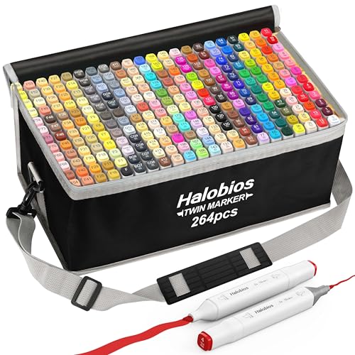 Halobios 264 Farben Marker Set, Permanente Alkoholmarker, Dual-Tip Fein & Chisel Stift für Zeichnungen, Skizzieren und Ausmalen, Kunstmarker für Erwachsene und Künstler, Speicherpaket mit Schultergurt von Halobios