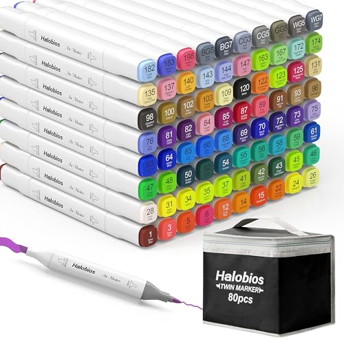 Halobios Alkoholmarker Set 80 Farben, Twin Tip Marker mit Schnell Trocknender, Lebendige Alkohol Tinte, Inkl. Tragetasche | Für Zeichnen, Manga, Design, Malerei – Künstler marker für Erwachsene von Halobios