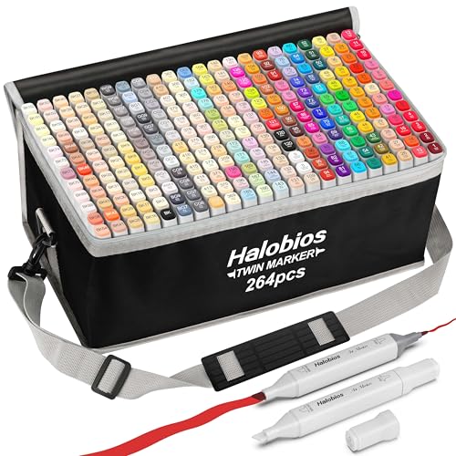 Halobios Alkoholmarker Set 264 Farben, Marker mit Schnell Trocknender, Lebendige Alkohol Tinte, Inkl. Tragetasche | Für Zeichnen, Manga, Design, Malerei – Professionelle Künstler marker für Erwachsene von Halobios