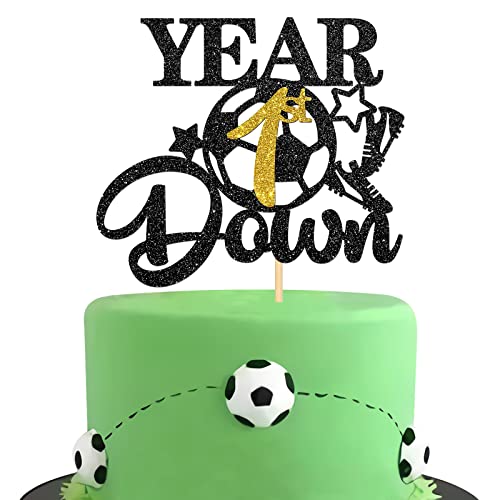 Halodete 1st Year Down Cake Topper, Fußball Happy 1st Birthday Cake Topper, Sport Thema Fußball One Year Old Birthday Party Kuchen Dekorationen Schwarz Glitzer von Halodete