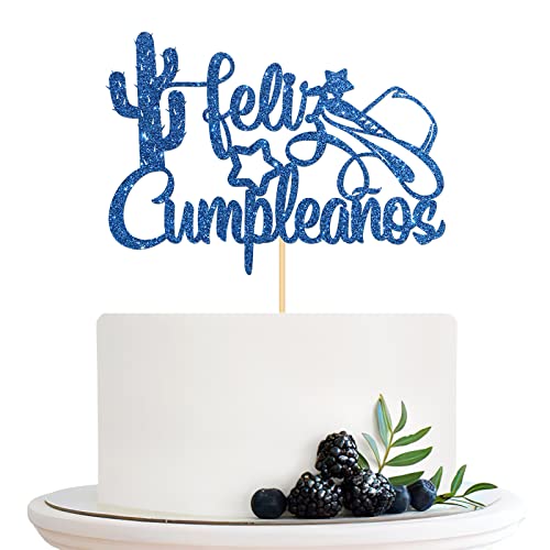 Halodete Feliz Cumpleaños Tortenaufsatz Spanisch Happy Birthday Cake Topper Western Thema Geburtstag Party Kuchen Dekorationen Blau Glitzer von Halodete