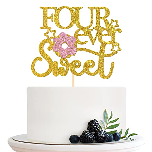 Halodete Four Ever Sweet Cake Topper, Mädchen 4. Geburtstag Tortenaufsatz, Happy 4th Birthday Party Kuchen Dekorationen Gold Glitter von Halodete