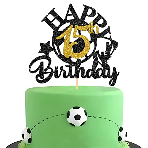 Halodete Fußball Happy 15th Birthday Cake Topper - Sport Thema 15. Geburtstag Kuchen Dekor - Fußball Geburtstag Party Dekorationen für Jungen Mädchen - Glitzer Schwarz (15.) von Halodete