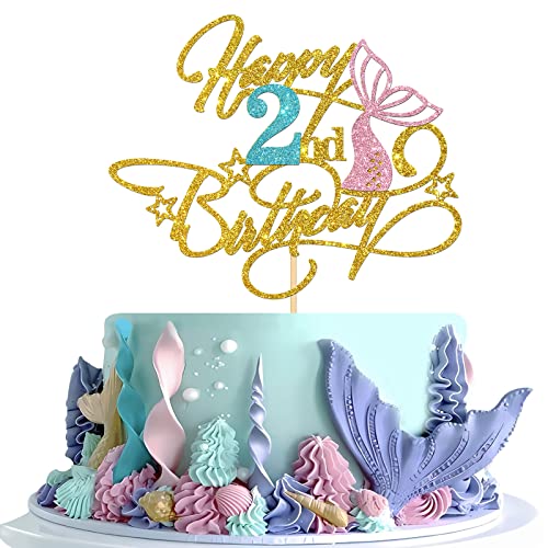 Halodete Happy 2nd Birthday Cake Topper, Meerjungfrau Thema 2. Geburtstag Cake Topper, Ocean World Girls Two Years Old Birthday Party Kuchen Dekorationen Gold Glitter von Halodete