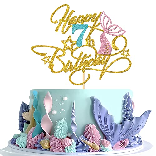 Halodete Happy 7th Birthday Cake Topper, Meerjungfrau Thema 7 Geburtstag Cake Topper, Ocean World Mädchen Sieben Jahre alt Geburtstag Party Kuchen Dekorationen Gold Glitter von Halodete