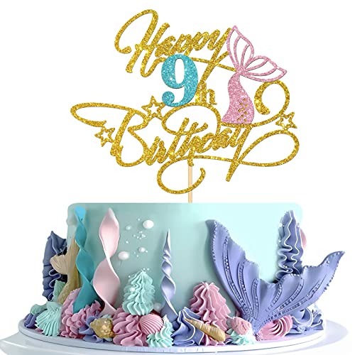 Halodete Happy 9th Birthday Cake Topper, Mermaid Theme 9th Birthday Cake Topper, Ocean World Girls 9 Years Old Birthday Party Cake Decorations Gold Glitter von Halodete