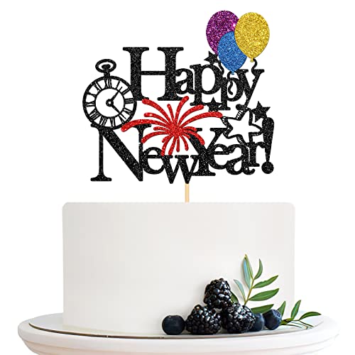 Halodete Happy New Year Cake Topper, Happy Holiday Cake Topper, Weihnachten Silvester Party Kuchen Dekorationen - Schwarz Glitzer von Halodete