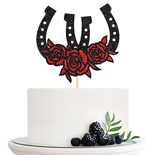 Halodete Hufeisen Geburtstag Kuchen Topper Western Thema Kuchen Topper Rennpferd Western Hochzeit Party Kuchen Dekorationen Schwarz Glitzer von Halodete