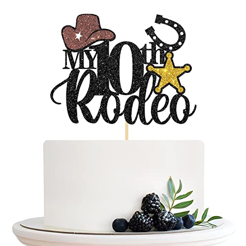 Halodete My 10th Rodeo Cake Topper, Western 10th Birthday Cake Topper, Little Cowboy Cowgirl Birthday Party Cake Decorations Black Glitter von Halodete