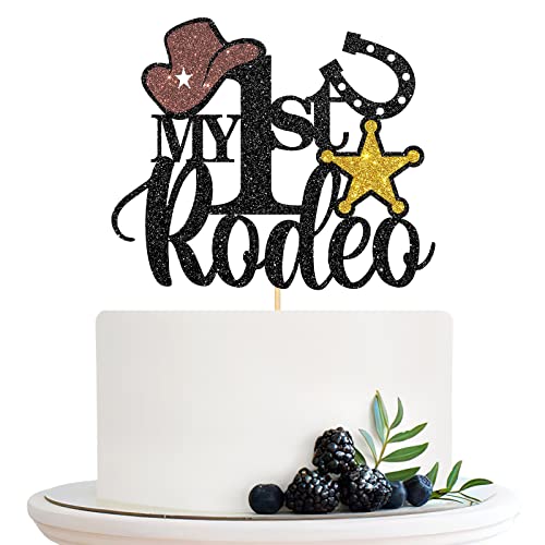 Halodete My 1st Rodeo Cake Topper, Western 1st Birthday Cake Topper, Little Cowboy Cowgirl Birthday Party Cake Decorations Black Glitter von Halodete