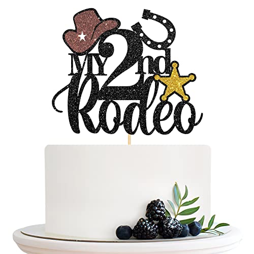 Halodete My 2nd Rodeo Cake Topper, Western 2nd Birthday Cake Topper, Little Cowboy Cowgirl Birthday Party Cake Decorations Black Glitter von Halodete