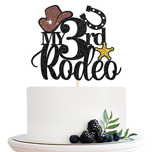 Halodete My 3rd Rodeo Cake Topper, Western 3rd Birthday Cake Topper, Little Cowboy Cowgirl Birthday Party Cake Decorations Black Glitter von Halodete